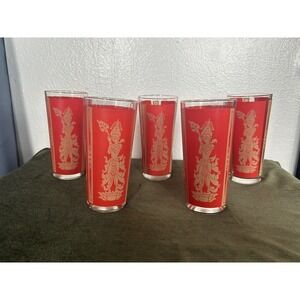 5-PC Vintage‎ Mid-century Modern Thai Goddess Culver Red Gold 12oz Glasses Gift